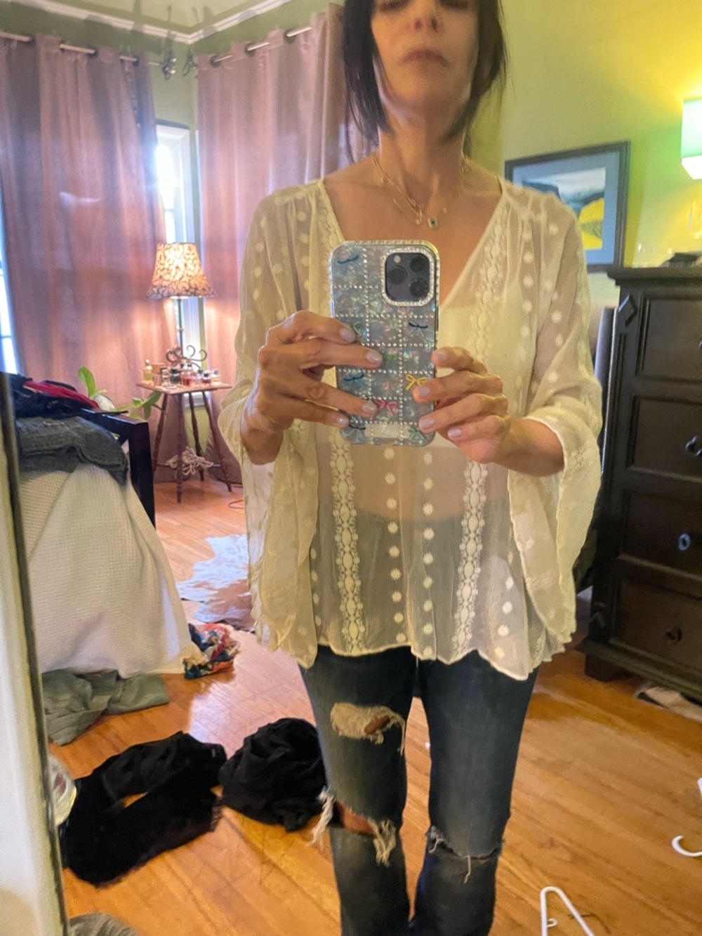 Sheer White Floral Embroidered Kimono Jacket